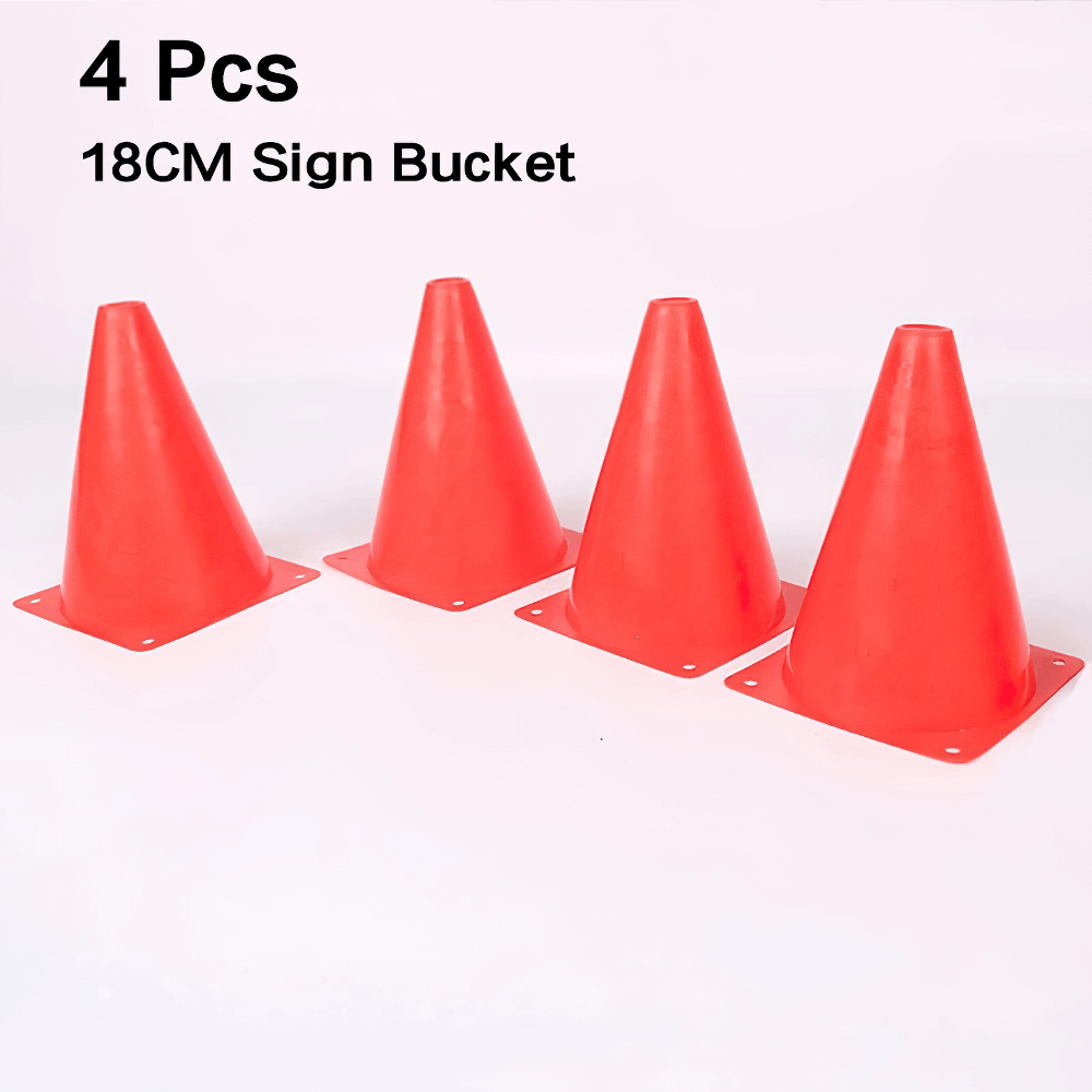 Four red 18 cm training cones for soccer and agility drills, durable PVC, pressure resistant, lightweight, stable base.